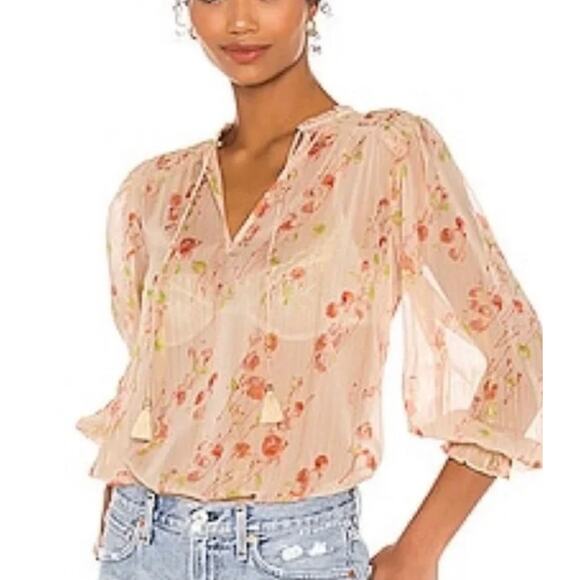 Paige Indira Sheer Floral Blouse Top Women L Metallic Stripe Afterglow Cream Red - Picture 2 of 11